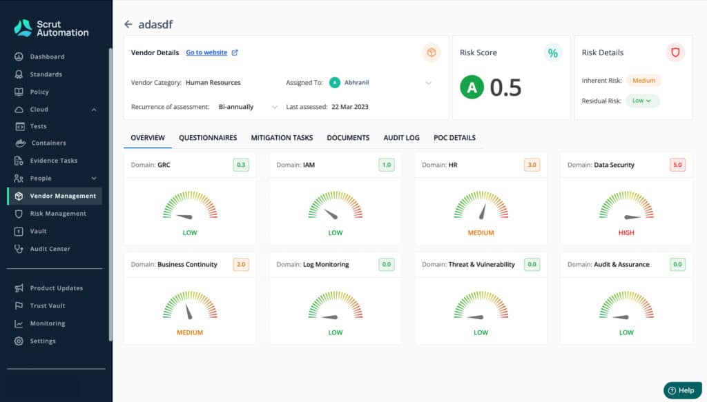 Vendor management screenshot