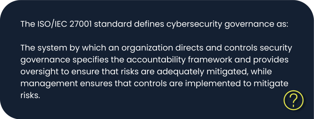 The ISO/IEC 27001 standard defines cybersecurity governance